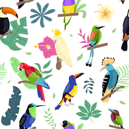 Seamless pattern exotic birds. Tropical flora and fauna, bright big parrots, flowers and branches,...