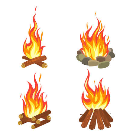 Cartoon flame. Tourist summer bonfire. Forest fireplace with burning logs, night camp bright orange and yellow flaming, outdoor firewood element, campfire vector isolated setのイラスト素材