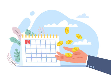 Payday. Salary receiving day. Monthly payments. Office workers hand throwing coins. Financial planning. Calendar date of getting wages. Finance incoming. Vector earning money conceptのイラスト素材
