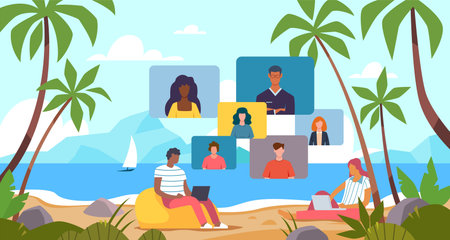 Remote conference call. Freelance. Man and woman working with laptops on beach. Vacation and online...