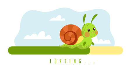 Slow and long loading. Waiting for website to restart. Progress bar and cartoon snail. Low speed upload interface design. Network reboot line. Funny crawling mollusk. Vector conceptのイラスト素材