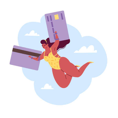 Use bank credit card maximum. Sense financial freedom. Woman flying on wings. Traveling girl in bikini wasting money on summer beach vacation. Purchase and cashless payments. Vector conceptのイラスト素材