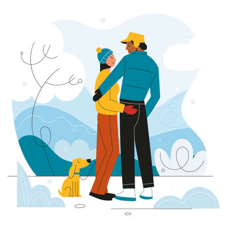 Couple walks winter park. Snowy cold weather, family walking with dog, people in love stands and hugs, frosty landscape, man and woman in warm clothes, vector cartoon flat isolated conceptのイラスト素材