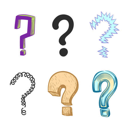Question marks. Hand drawn colored interrogation icons. Doodle punctuation symbols. Searching answers. Thinking or finding information. Doubt pictogram. Vector abstract asking signs setのイラスト素材