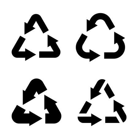 Icons eco recycling. Black arrows in triangle form. Ecological emblems and organic labels, reuse packaging pictogram, reuse plastic sign, garbage sorting tags. Vector isolated setのイラスト素材