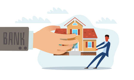 Confiscation property. Bank takes house. Man loses cottage. Non-payment of mortgage bills. Loss of home. Banking arm expropriates real estate. Problems with credit pays. Vector conceptのイラスト素材