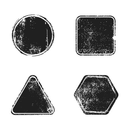 Stamps grunge. Black seal prints. Geometric dirty shapes. Isolated abstract ink frame templates. Rough paint textures. Warranty and approve graphic signs. Vector messy imprints setのイラスト素材