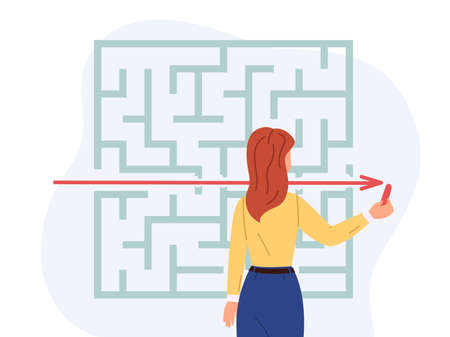 Audacious solution task. Direct path to goal. Woman solving puzzle. Mind exercise. Girl searching way. Logic riddle. Intellectual challenge. Person overcoming obstacles. Vector conceptのイラスト素材