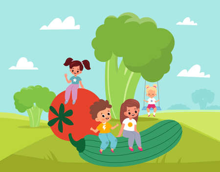 Children with vegetables. Kids entertainment and leisure. Boys and girls play outdoor. Big tomato cucumber and celery. Health vegetarian food. Babies organic nutrition. Vector conceptのイラスト素材