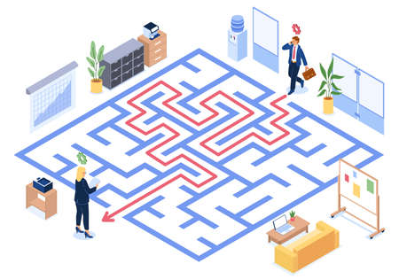 Curator. Business instructor. Mentor supports employee to pass maze. Employees search way in labyrinth. Professional development. Mentorship and courses for businessmen. Vector conceptのイラスト素材