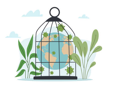 Earth in cage. Coronavirus quarantine. World isolation. Pandemic lockdown. Planet close in birdcage with virus. Fight against Covid-19. Illness spread. Viral biohazard. Vector conceptのイラスト素材
