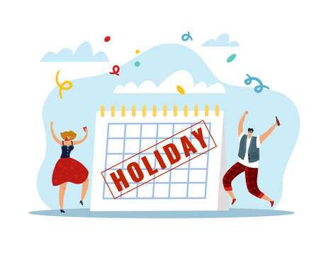 Holiday or vacation. People celebrate end of week. Paper calendar and confetti. Man and woman dance. Cheerful persons have fun at party. Workers planning weekend recreation. Vector conceptのイラスト素材