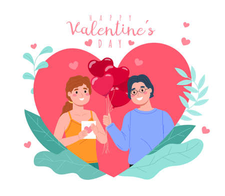 Valentines day people. Young guy gives girl heart balloons bunch. Couple in love. February holiday celebration. Friends with gifts. Romantic dating. Greeting card mockup. Vector conceptのイラスト素材