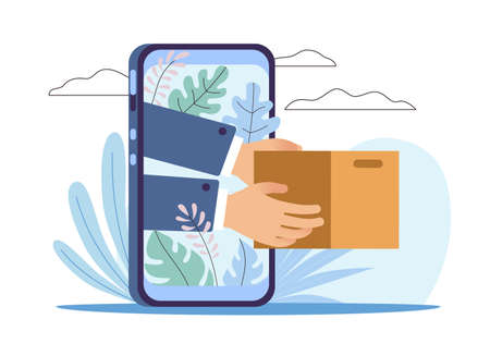 Mobile prompt delivery. Phone screen and hands giving parcel to customer. Smartphone application for shopping and making orders. Box express delivering. Internet store. Vector conceptのイラスト素材
