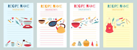 Culinary recipe cards. Cookbook pages with kitchen elements and layout for writing. Blank templates for listing of ingredients and instructions. Vector food preparation manual sheets setのイラスト素材
