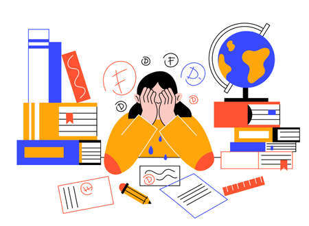 Teens problems. Unhappy student at lessons. Information excessive amount. Stressed girl with books piles and notes. Child doing homework. Poor school grades. Kids troubles. Vector conceptのイラスト素材