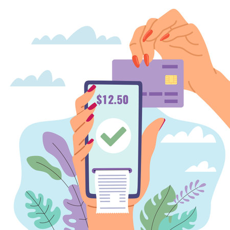 Smartphone cashless payment terminal. Female hand hold credit card and mobile phone. Woman pays bill. Wireless financial transaction. Banking application. Vector isolated conceptのイラスト素材