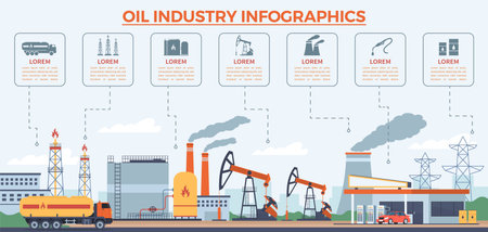 Oil industry infographic. Petrochemical factory. Extraction, processing, transportation of fuel, rocking machines and towers, icons and copy space, vector flat isolated illustrationのイラスト素材