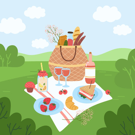 Picnic basket in park. Serving in nature. Romantic lunch in forest clearing. Eating outdoor. Tablecloth with food on grass. Bag with wine and sandwich. Summer recreation. Vector conceptのイラスト素材