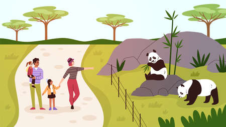 Family in zoo. Parents with children near pandas enclosure. Visitors on excursion. People spending time together on weekend. Mother and father with kids looking at animals. Vector conceptのイラスト素材
