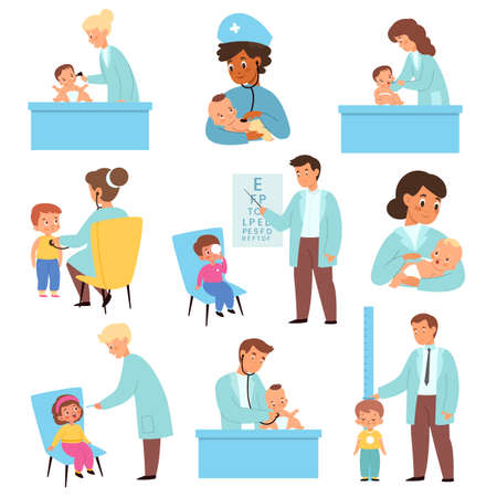 Pediatric baby examination. Kids healthcare. Children at doctors appointment. Physician or nurse with stethoscope conduct checkup. Pediatrician consultation. Vector medical procedures setのイラスト素材
