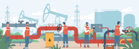 Oil gas workers. Petroleum engineers control operation of fuels pipeline. Men in uniform carry pipe fragment and regulate valves. Industrial construction. Oilman job. Vector conceptのイラスト素材