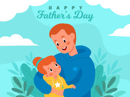 Hugs father day. Happy dad with little daughter, family embrace, loving people holiday, greeting card or festive banner design, girl and man with congratulate text vector conceptのイラスト素材