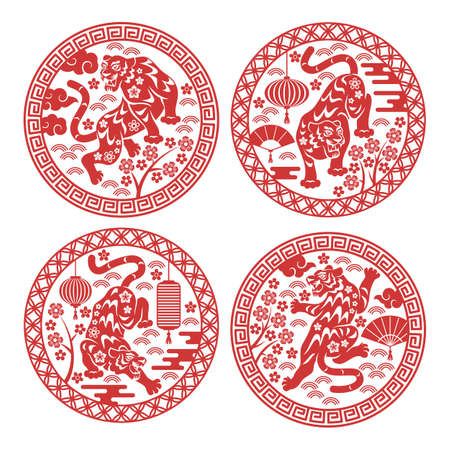 Round chinese zodiac tigers. Astrological holiday signs, decorative silhouette animals in circle form, traditional elements, red characters, stickers and festive labels, vector isolated setのイラスト素材