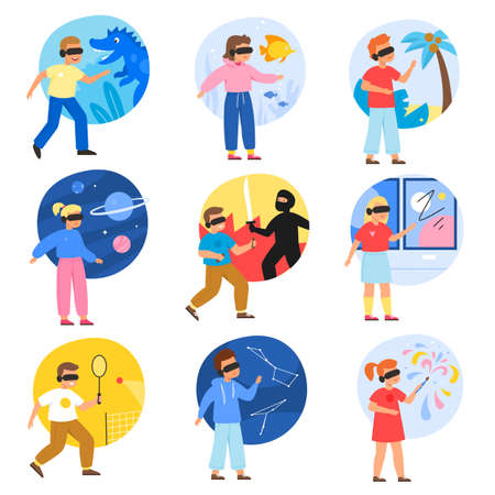 Kids virtual reality. Happy teenagers gamers in VR glasses play computer video games, full presence feeling, digital entertainment and education, vector cartoon flat style isolated setのイラスト素材