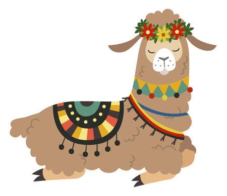 Resting alpaca. Cute peruvian animal in traditional ornamentsのイラスト素材