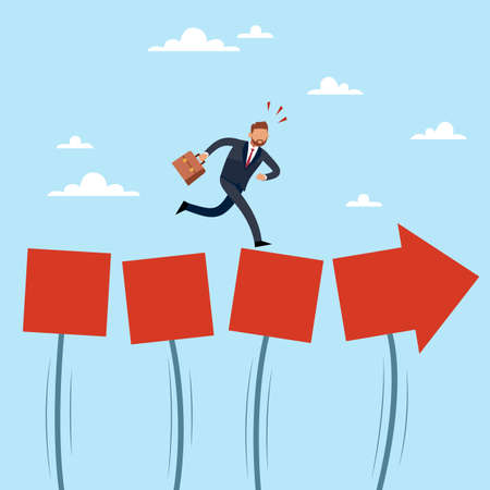 An unstable, shaky path to success. Not stable career growth. Businessman running to goal, hard way, employee ambition opportunities, business direction. Vector isolated conceptのイラスト素材