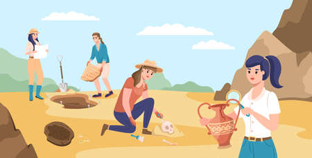 Archaeological excavations. Diggers characters in desert, men and women looking for ancient artifacts and fossils, professionals archaeologists work, vector archeology conceptのイラスト素材