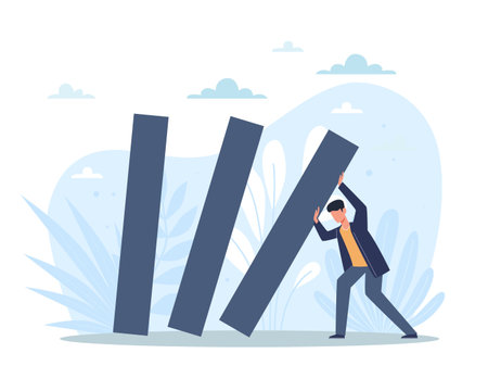 Attempt to prevent fall. Save situation. Lonely man trying to hold on wall, dominoes falling, hard pressure of troubles and problems, crisis in economic and life. Vector business conceptのイラスト素材