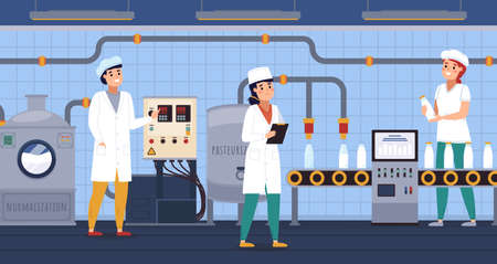 Dairy plant people. Milk factory workers, product packaging in containers, automatic bottling process, monitoring operation, automated line, food industry, vector isolated conceptのイラスト素材