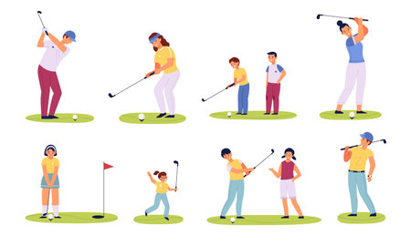 Golf players characters. Different ages golfers, happy men, women and children with with golf clubs, family sport summer outdoor activity, playing on green field vector isolated setのイラスト素材