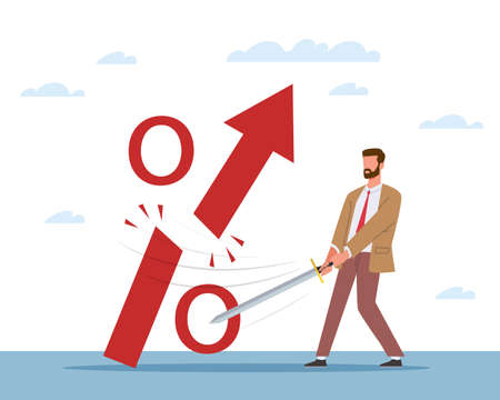 Interest rate changes. Reduction of consumption. Interest rate falls. Man cuts with sword big red percent sign, economic crisis and money loss, vector isolated business conceptのイラスト素材