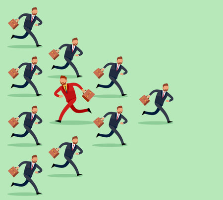 Opposite direction. Businessman running, unique man thinking different, way against crowd, individual solution to problem and vision of situation. Vector isolated business conceptのイラスト素材