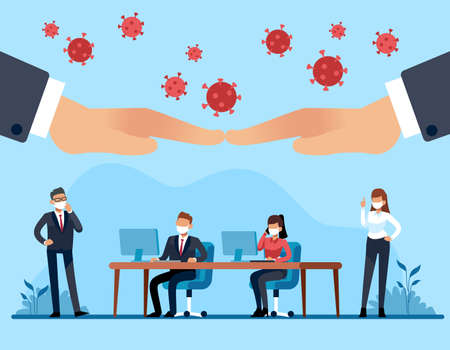 Protecting businesses from effects of pandemic. Business people in office, government hands and virus, financial losses of company during global lockdown, vector conceptのイラスト素材