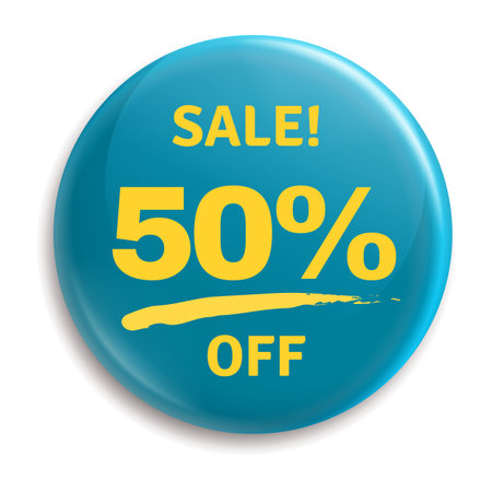 Sale 50 percent off badge. Metal glossy buttonのイラスト素材