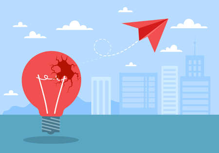 Non standard thinking. Creativity and innovation startup. Paper plane flying out of lightbulb, brainstorming result, company progress, breakthrough next level, vector business conceptのイラスト素材
