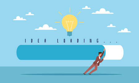 Idea Upload Progress. Businessman pushes load line, light bulb sign, innovation and startup in company, implementation of new strategy, way to success. Vector cartoon flat isolated business conceptのイラスト素材