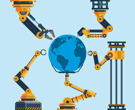 Technology is taking over the world. Robot hands and planet earth, technological progress and innovation process, business and science development. Vector isolated conceptのイラスト素材
