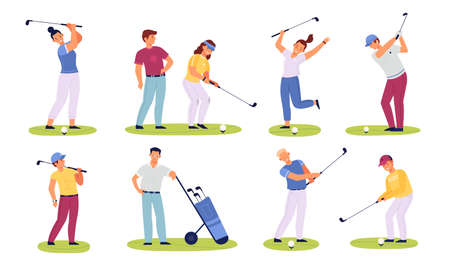 Golf players people. Male and female golfers, sportive characters, club members play on green fields, hitting ball with stick, sport summer outdoor activity, vector isolated setのイラスト素材