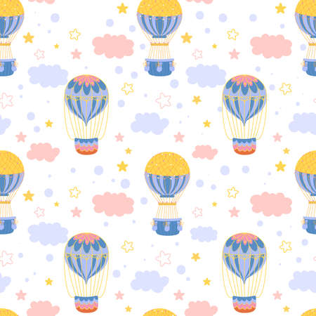 Hot air balloons seamless pattern. Retro aerial vehicles, inflatable transport, travel and romantic flight, clouds and stars on white background. Decor textile, vector printのイラスト素材