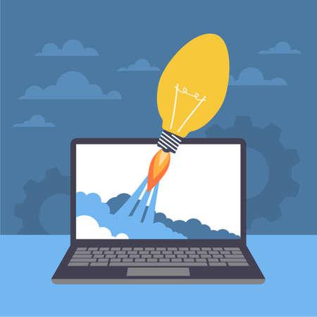 Launching idea. Start of innovation. Rocket in light bulb form on laptop screen. Startup or new creative project in company, entrepreneurship development. Vector isolated business conceptのイラスト素材