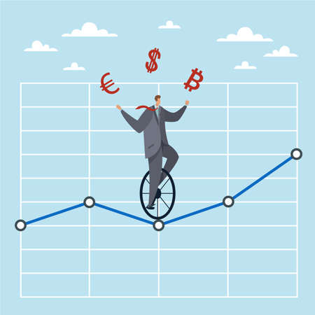 Stock Market currency games. Investing in dollar euro and bitcoin, trying to guess exchange rate. Businessman buying or selling shares. Trader and stock broker. Vector finance conceptのイラスト素材