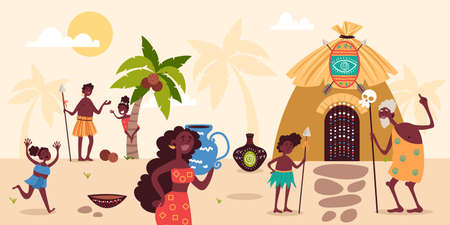 Tribe african people. Cute family. Happy parents, children and grandfather in national clothes, landscape with hut and palm trees, household ethnic tool, vector cartoon isolated conceptのイラスト素材