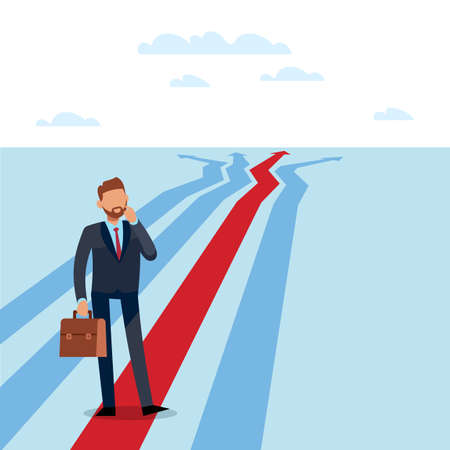 Choosing the right path. Thoughtful businessman, different arrows ways. Making decision about business strategy or company future. Career start. Vector cartoon flat isolated conceptのイラスト素材