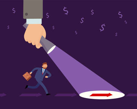 Direction leader to success. Huge hand illuminates road with flashlight, businessman path to goal, business direction, ambition and winning. Vector isolated leadership conceptのイラスト素材