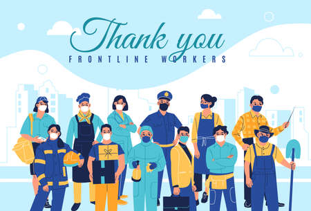 Frontline workers poster. Professionals characters group, main areas specialists, people in medical protective masks, emergency doctors, policemen in uniforms, vector isolated conceptのイラスト素材